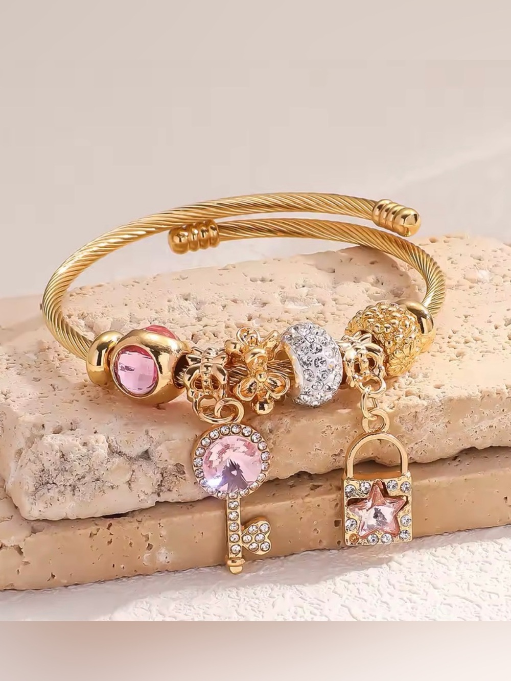 New! Gold Bracelet with Pink and Clear Crystal Charms - Picture 8 of 8